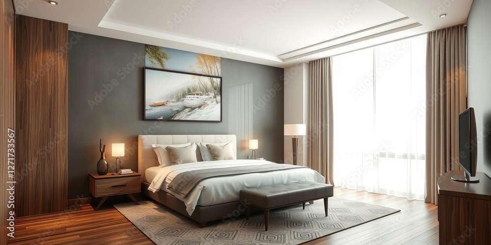 Fototapeta premium Modern hotel bedroom interior with a bed positioned near a window, featuring a mockup wall for customizable artwork or designs, bedroom, luxury, design