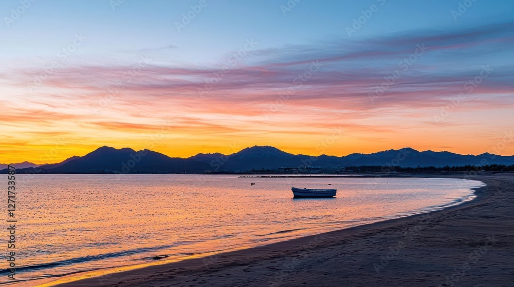 Obraz premium Serene Sunset Over Coastal Mountains and Sandy Beach