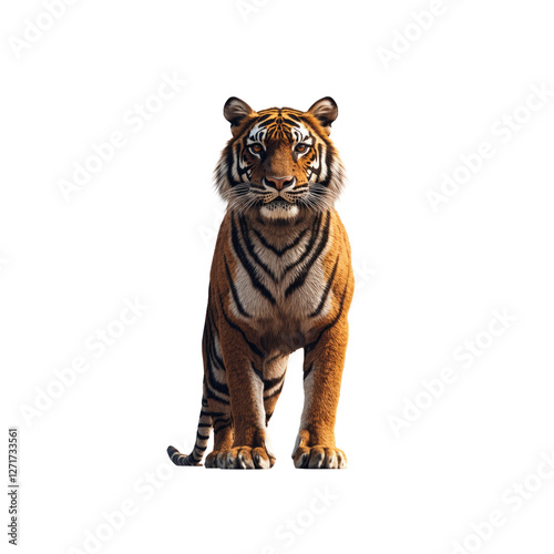 Majestic Bengal Tiger Sitting, Front View, Isolated on White Background