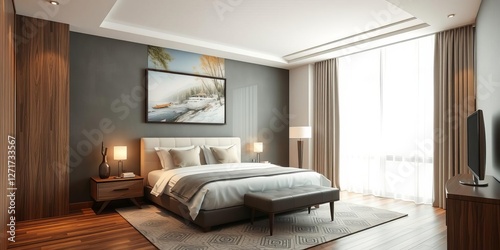 Modern hotel bedroom interior with a bed positioned near a window, featuring a mockup wall for customizable artwork or designs, bedroom, luxury, design photo