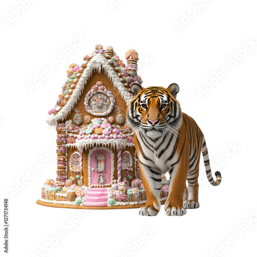 Majestic Tiger and Enchanting Gingerbread House A Festive Winter Scene