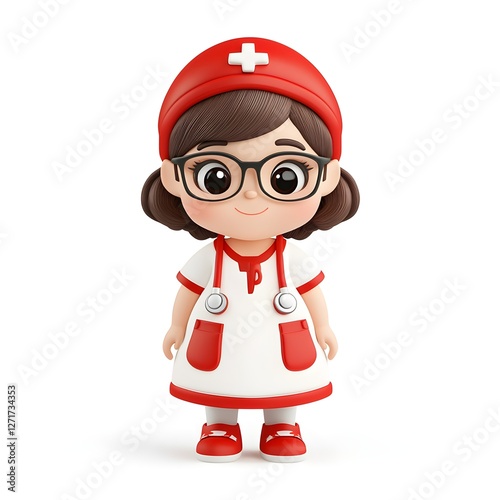 A cartoon girl wearing a red hat and glasses
