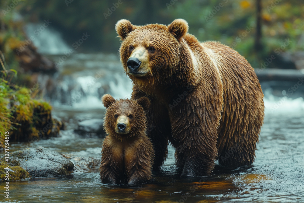A Glimpse of Wilderness, Mother Bear and Cub in Cool River Depths A Glimpse of Wilderness, Mother Bear and Cub in Cool River Depths
