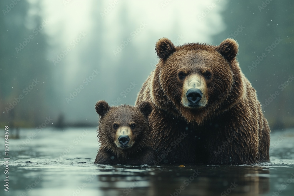Mother's Vigil, A Grizzly Bear and Cub in a Misty River Setting Mother's Vigil, A Grizzly Bear and Cub in a Misty River Setting