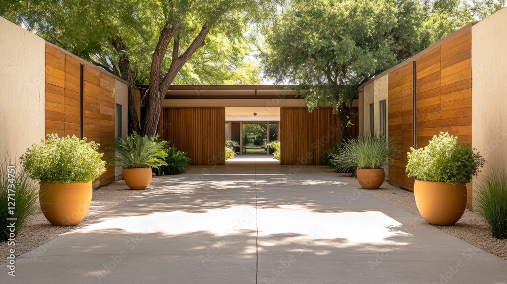 Fototapeta premium Modern architectural entrance pathway surrounded by lush greenery and decorative planters.