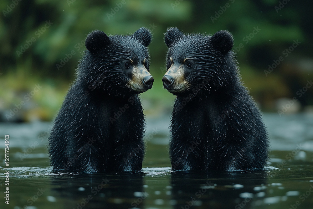 Obraz premium Mirror Image, Two Young Black Bears in a Tranquil River Setting