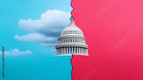 The Capitol stands divided by a bold red and blue split, its jagged separation reflecting the tension and polarization shaping the nation today.