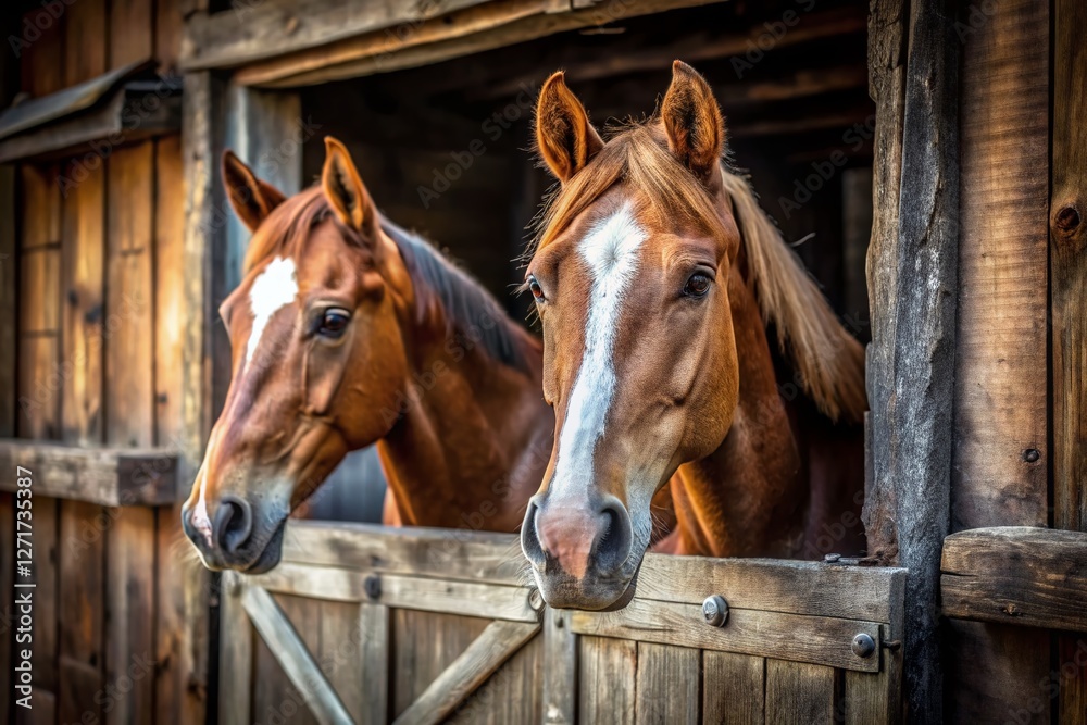Obraz premium Curious Horses Peeking from Stable: Rural Farm Animal Stock Photo