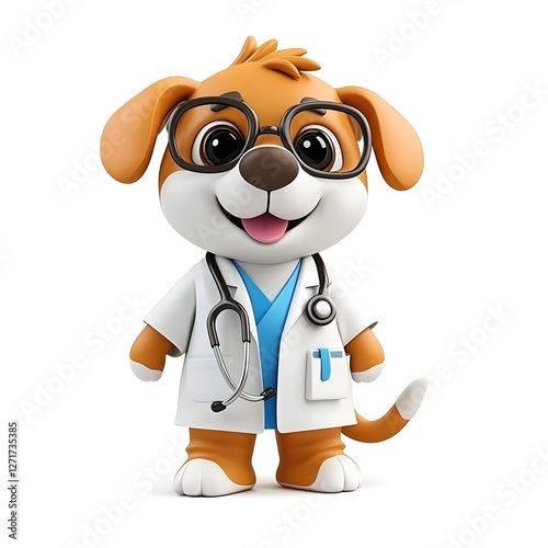 A cartoon dog wearing a white lab coat and glasses