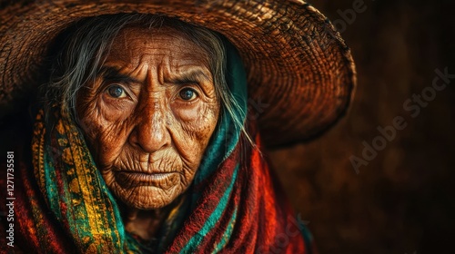 A woman with a colorful scarf and a straw hat is staring at the camera. Concept of nostalgia and a connection to traditional cultures photo