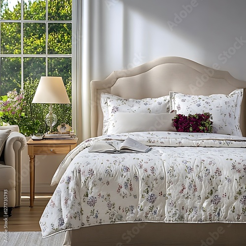 there is a bed with a white comforter and a bouquet of flowers on it