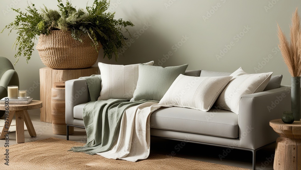 Trendy and Eco-Conscious Living Room with Woven Basket and Natural Fibers Trendy and Eco-Conscious Living Room with Woven Basket and Natural Fibers