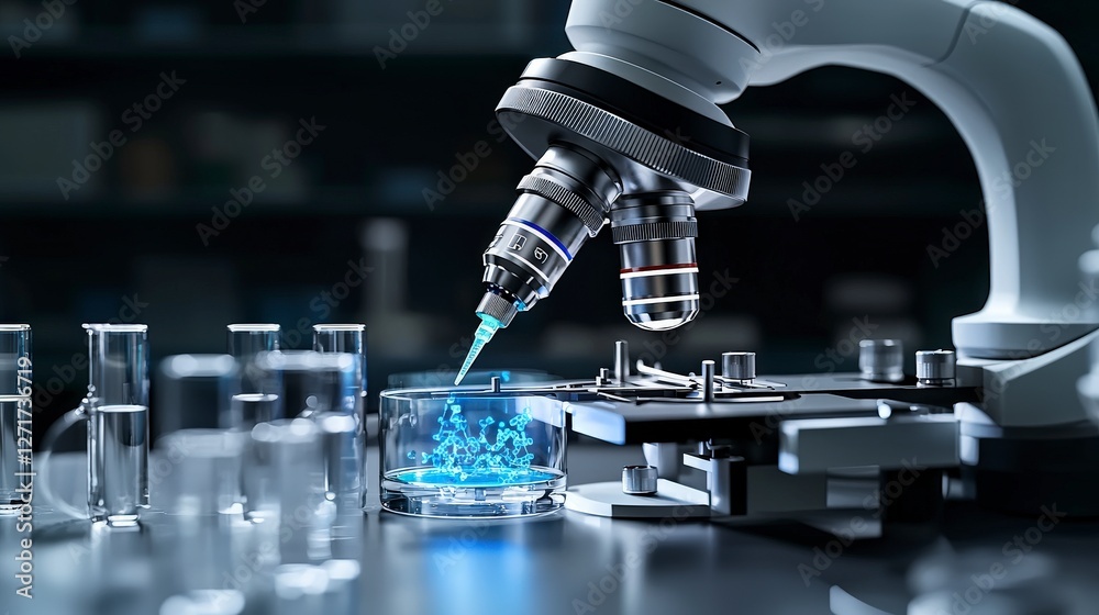Precision robotic arm in close-up conducting experiments in a high-tech laboratory environment