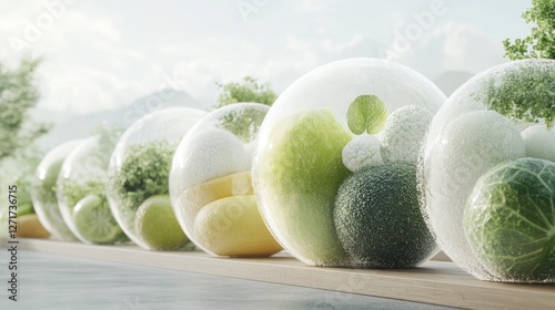 A visually captivating arrangement of fresh vegetables encased in transparent globes, showcasing nature's bounty in a serene setting photo