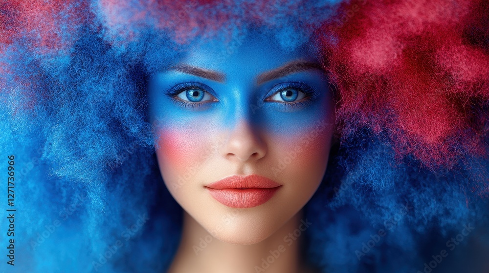 Fototapeta premium A woman with blue and red hair and blue and red makeup. She has a big smile on her face