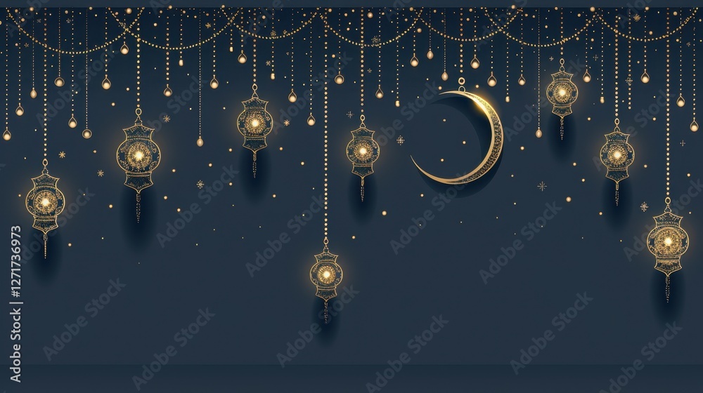 Obraz premium Elegant night scene with hanging lanterns and crescent moon, creating a serene atmosphere