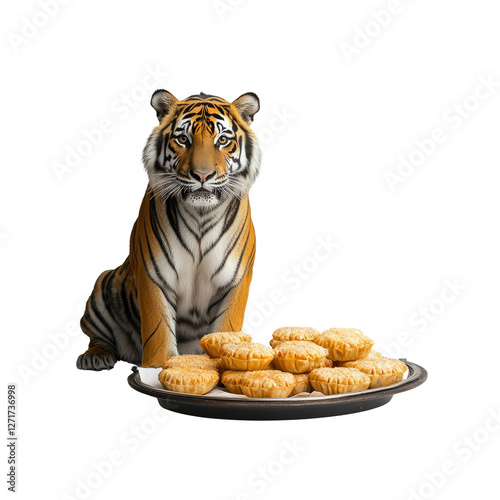 Majestic Tiger Gazing at a Plate of Golden Pastries