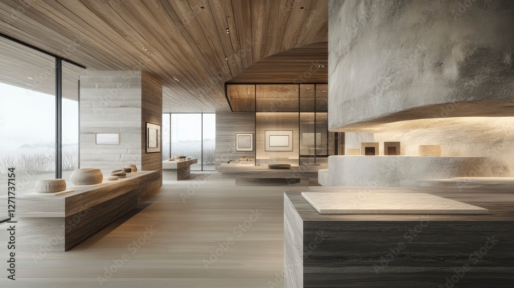 Fototapeta premium Modern minimalist interior design showcasing natural materials in a serene gallery-like space with soft lighting