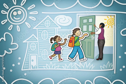 Kids leaving house, school, adult opening door, cartoon background