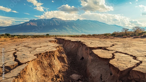 A photo of a rift valley formed by divergent boundary tectonic movements, with cracked earth and visible fissures.