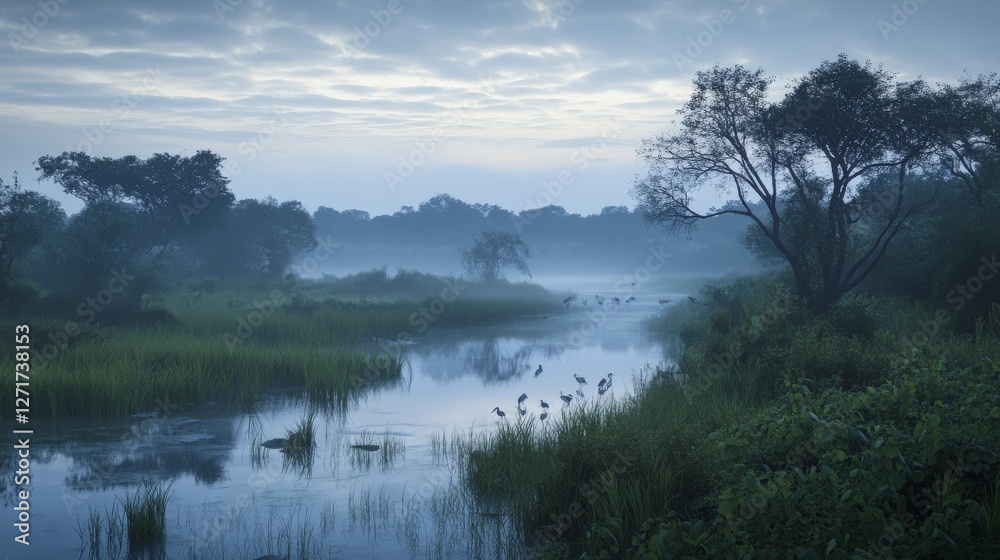 Fototapeta premium Misty Morning Over a Tranquil River with Birds, Serene Wetland Landscape