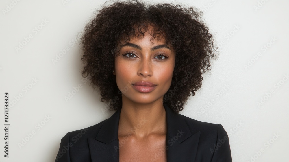 A woman with curly hair is wearing a black jacket and smiling. She has a professional look and is posing for a photo A woman with curly hair is wearing a black jacket and smiling. She has a professional look and is posing for a photo