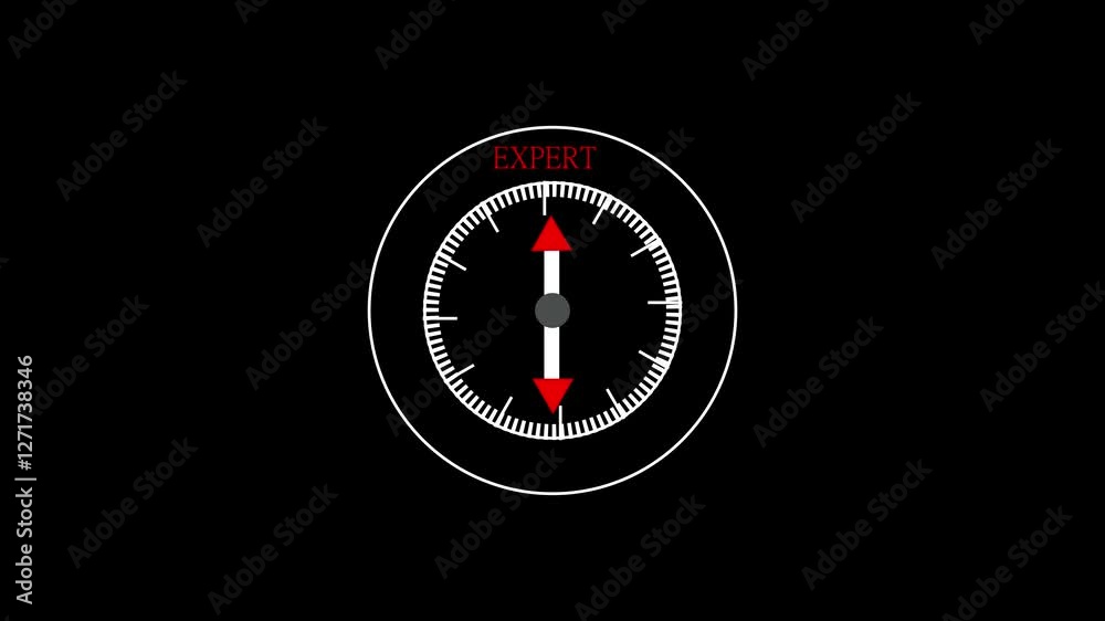 expert text or word with a gauge arrow on a compass, representing guidance and direction animation on black background. expert text or word with a gauge arrow on a compass, representing guidance and direction animation on black background.