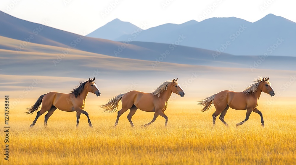 Naklejka premium Three Wild Horses Galloping Across Golden Grasslands