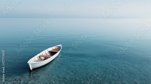 Wallpaper Mural Calm waters, solitary white rowboat, serene lake, tranquil scene, stock photo Torontodigital.ca