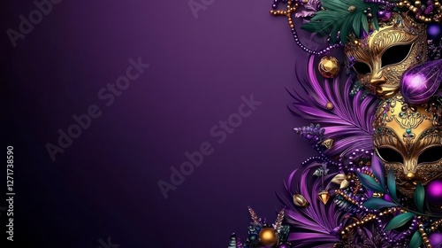 Mardi Gras masquerade joyful concept. A vibrant, decorative background featuring ornate masks, beads, and foliage, set against a rich purple backdrop, perfect for festive themes.
