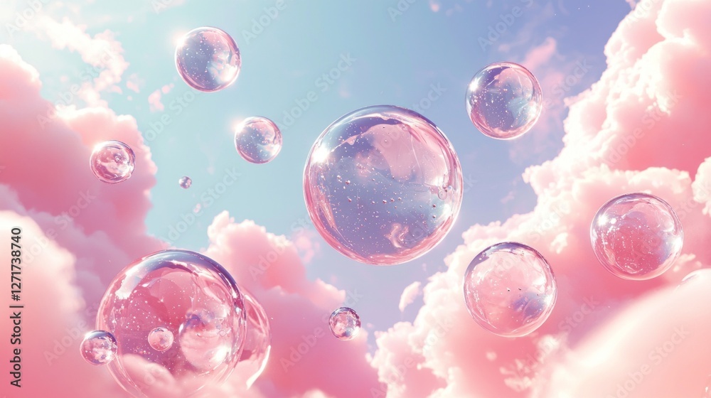Obraz premium Delicate bubbles float effortlessly through a dreamy sky filled with soft pink clouds. The tranquil atmosphere evokes a sense of wonder and nostalgia, inviting imagination to take flight