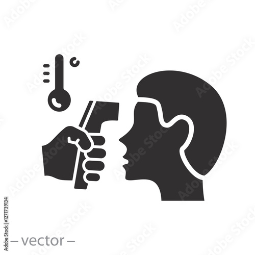 measurement body temperature icon, thermometer in a hand with head, check fever, flat vector illustration