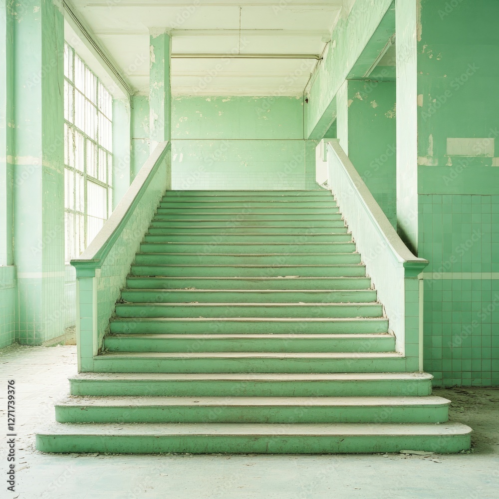 Fototapeta premium Abandoned green staircase in an old building creating a serene and nostalgic atmosphere with peeling paint and soft lighting