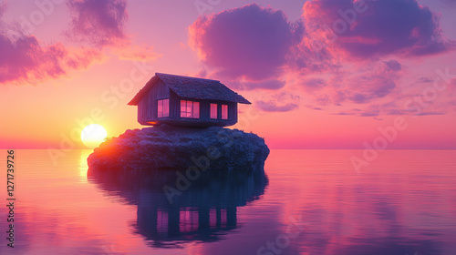 A house built upside down, standing on a floating rock amidst a pink and purple sunset
