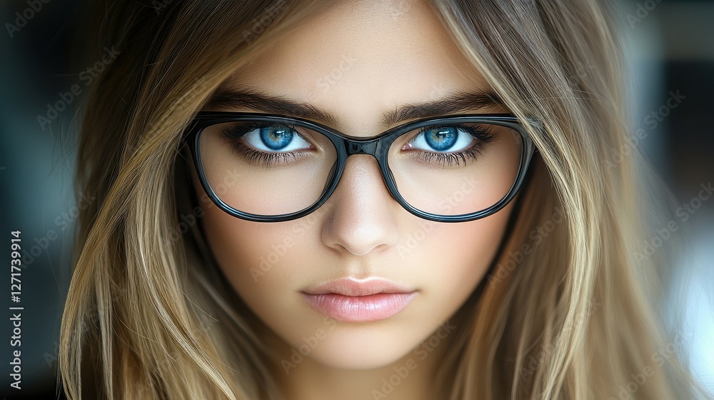 A woman with long blonde hair and blue eyes is wearing glasses. She has a nice smile and is looking directly at the camera A woman with long blonde hair and blue eyes is wearing glasses. She has a nice smile and is looking directly at the camera