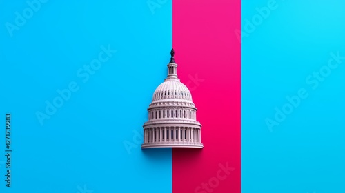 A jagged line splits the Capitol dome into vibrant red and blue sides, the stark colors symbolizing a fractured democracy under a banner of stars and stripes.