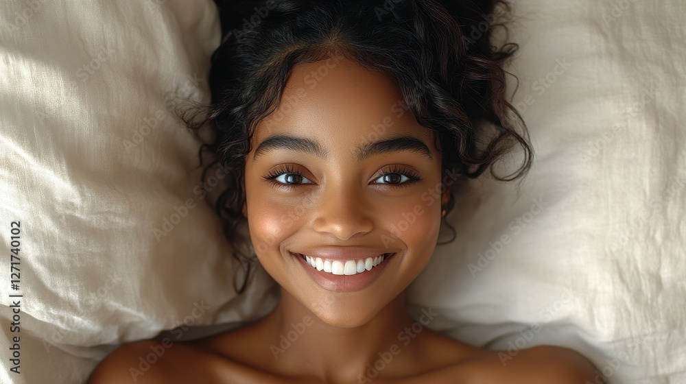 A woman with long hair and a big smile is laying on a bed. She is wearing a white shirt and is smiling at the camera A woman with long hair and a big smile is laying on a bed. She is wearing a white shirt and is smiling at the camera