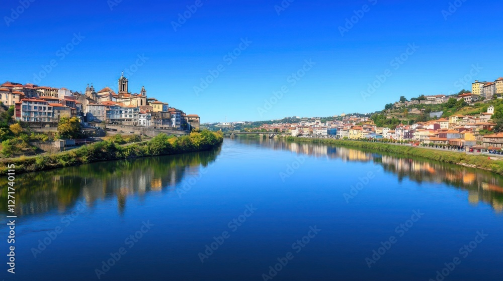 Picturesque River Town Landscape with Blue Sky Reflection Picturesque River Town Landscape with Blue Sky Reflection