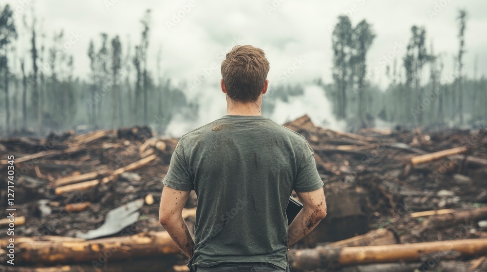 Fototapeta premium A contemplative figure stands amidst a devastated landscape, reflecting on the consequences of environmental destruction
