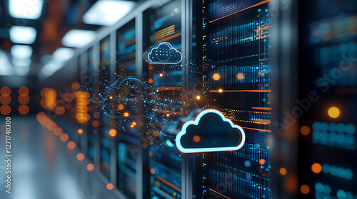 Seamless data flow in digital cloud infrastructure data center technology visualization high-tech environment close-up view big data concept