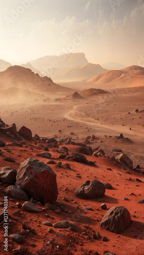 A martian landscape with rocks and mountains in the background photo