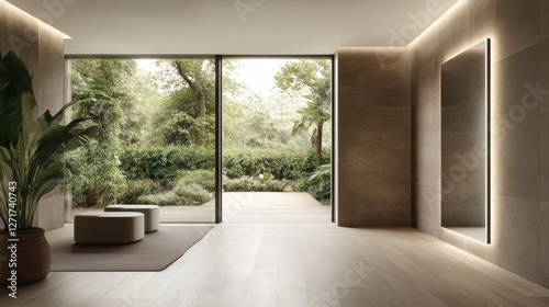 Bright and airy modern interior with large windows overlooking a lush green garden and minimalist decor