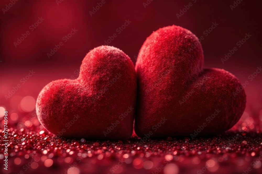 Obraz premium Two plush red hearts nestled together on a shimmering crimson surface, a tender symbol of affection and devotion