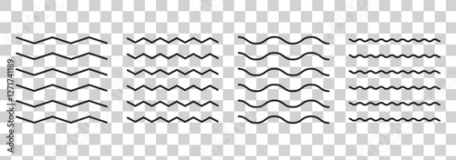 Wave line and wavy zigzag lines. Black curved lines pattern in abstract style. Horizontal geometric decoration element. Vector illustration.