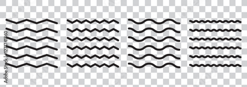 Wave line and wavy zigzag lines. Black curved lines pattern in abstract style. Horizontal geometric decoration element. Vector illustration.