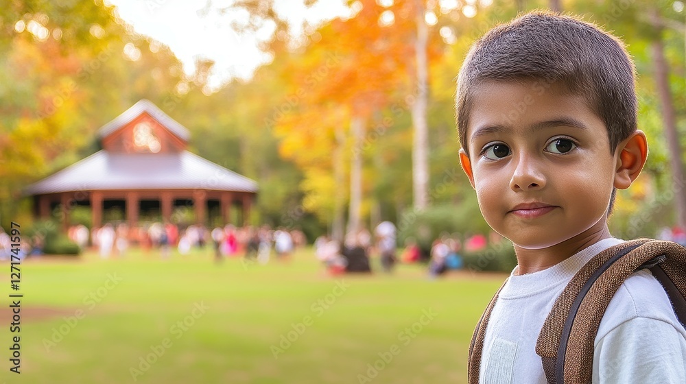 A young boy stands in a park with a crowd of people around him. He is wearing a backpack and has a smile on his face A young boy stands in a park with a crowd of people around him. He is wearing a backpack and has a smile on his face
