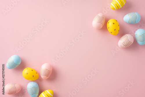 Decorative pastel-colored Easter eggs displayed creatively on a pink background symbolizing the festive spirit of Easter photo