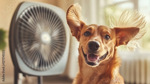 A comic dog sits happily in front of a fan its ears flapping joyfully in the breeze. The blurred background reveals a comfortable living room atmosphere filled with natural light