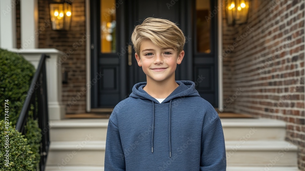 A young boy wearing a blue hoodie is smiling at the camera. The image has a warm and friendly mood, with the boy looking happy and content A young boy wearing a blue hoodie is smiling at the camera. The image has a warm and friendly mood, with the boy looking happy and content