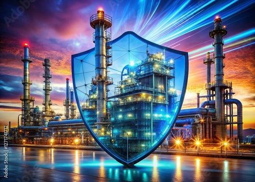 Obraz na płótnie Cybersecurity Protecting Oil Refinery: Digital Shield Over Industrial Complex - Stock Photo w salonie
